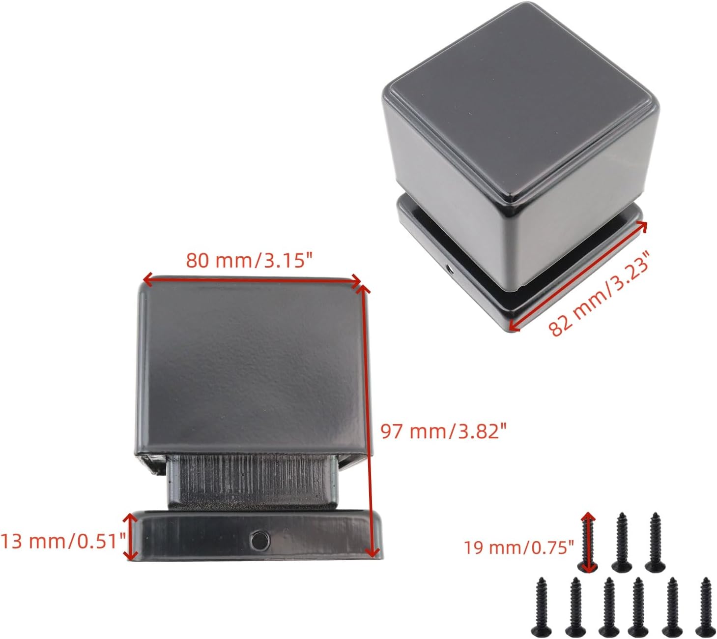 Post Caps Black Iron Square Shaped Topper Fit 3.15"x3.15" Cube Posts, Flat Topping Fitting with Screws for Outdoor Fence Garden Posting and Industrial Style Interior Decoration 4Pcs