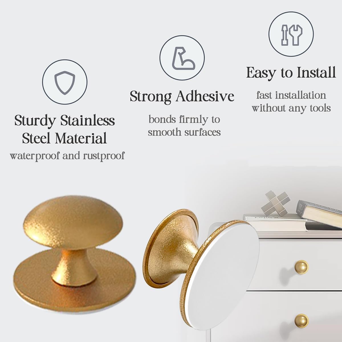 4Pcs Self-Adhesive Knobs for Cupboard, No Punching Peel Drill Free Sticking for Drawers, Mirror Cabinet (Gold)