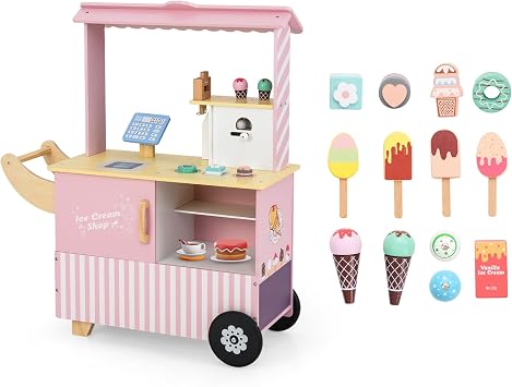 GLACER Ice Cream Cart for Kids, Wooden Ice Cream Truck with Wheels, Vending Machine, Play Maker Toys, Display Rack, Pretend Play Grocery Store, Gift for Boys Girls Pink