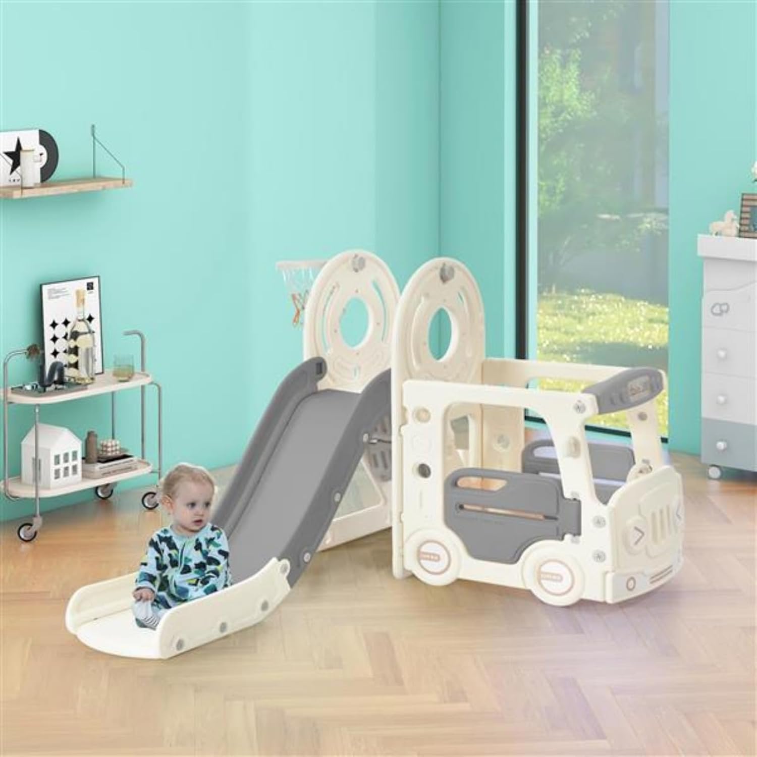 4-in-1 Bus Slide Set, Kids Slide with Bus Ride, Freestanding Bus Toy Set, with Basketball Hoop, Off-White and Gray