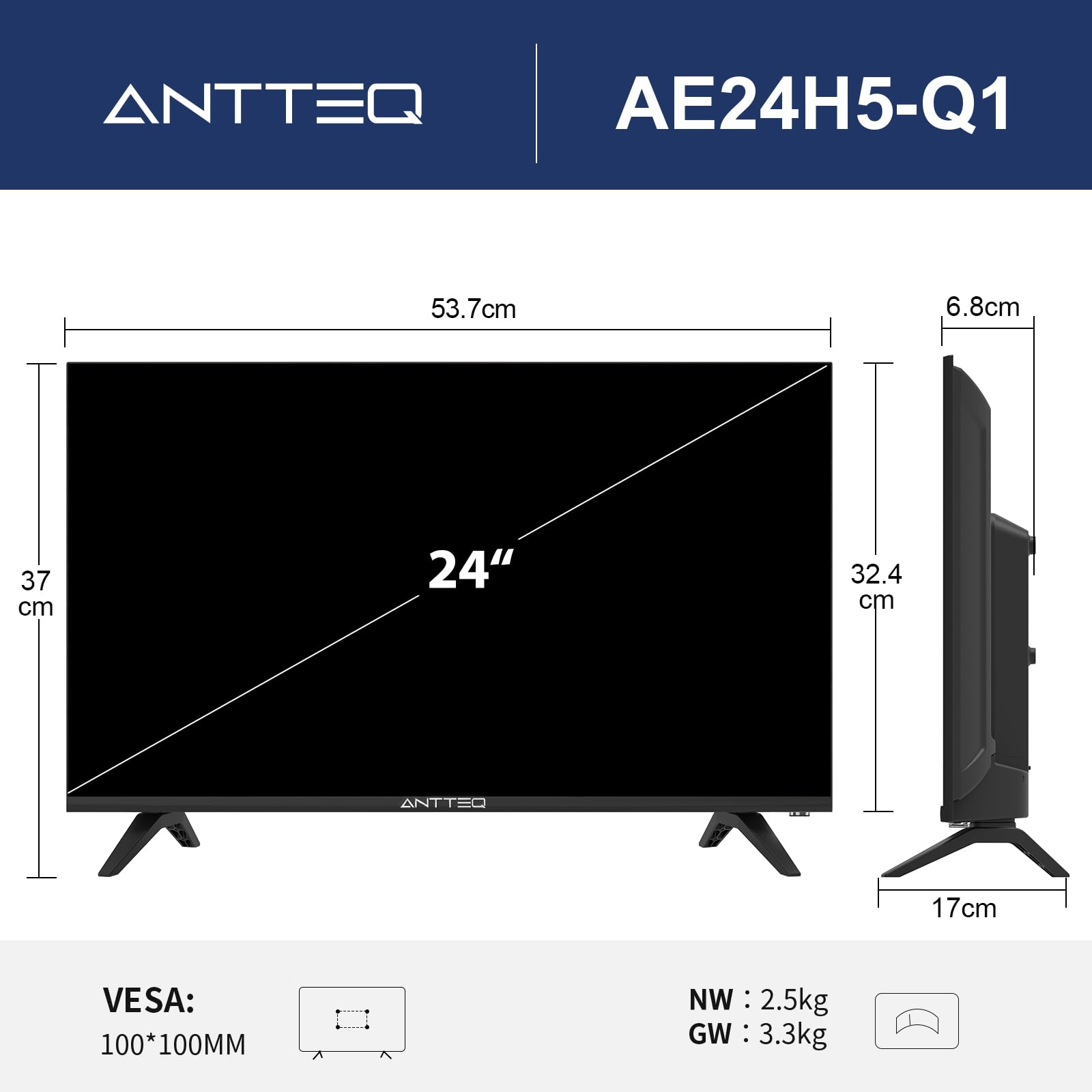 Antteq AE24H5-Q1 HD LED Televisore 24 Pollici Sottocosto, Triple Tuner DVB-C/T2/S2, con VGA, AV, HDMI, USB-Media Player, CI+, Dolby Audio, Hotel Modus 2026 [Classe di efficienza energetica E]