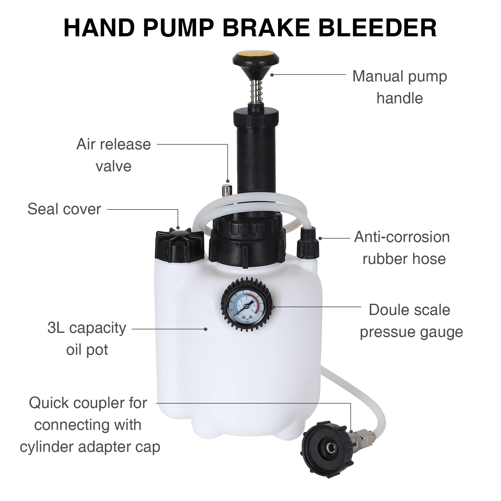 3L Kit De Purgeur De Freins Voiture Manuel,Purgeur De Frein Avec Bouteille De Purge De 1L Et 4 Adaptateurs De Maître-Cylindre,Compatible Avec Plupart Des Véhicules Européens,Une Utilisation En Atelier