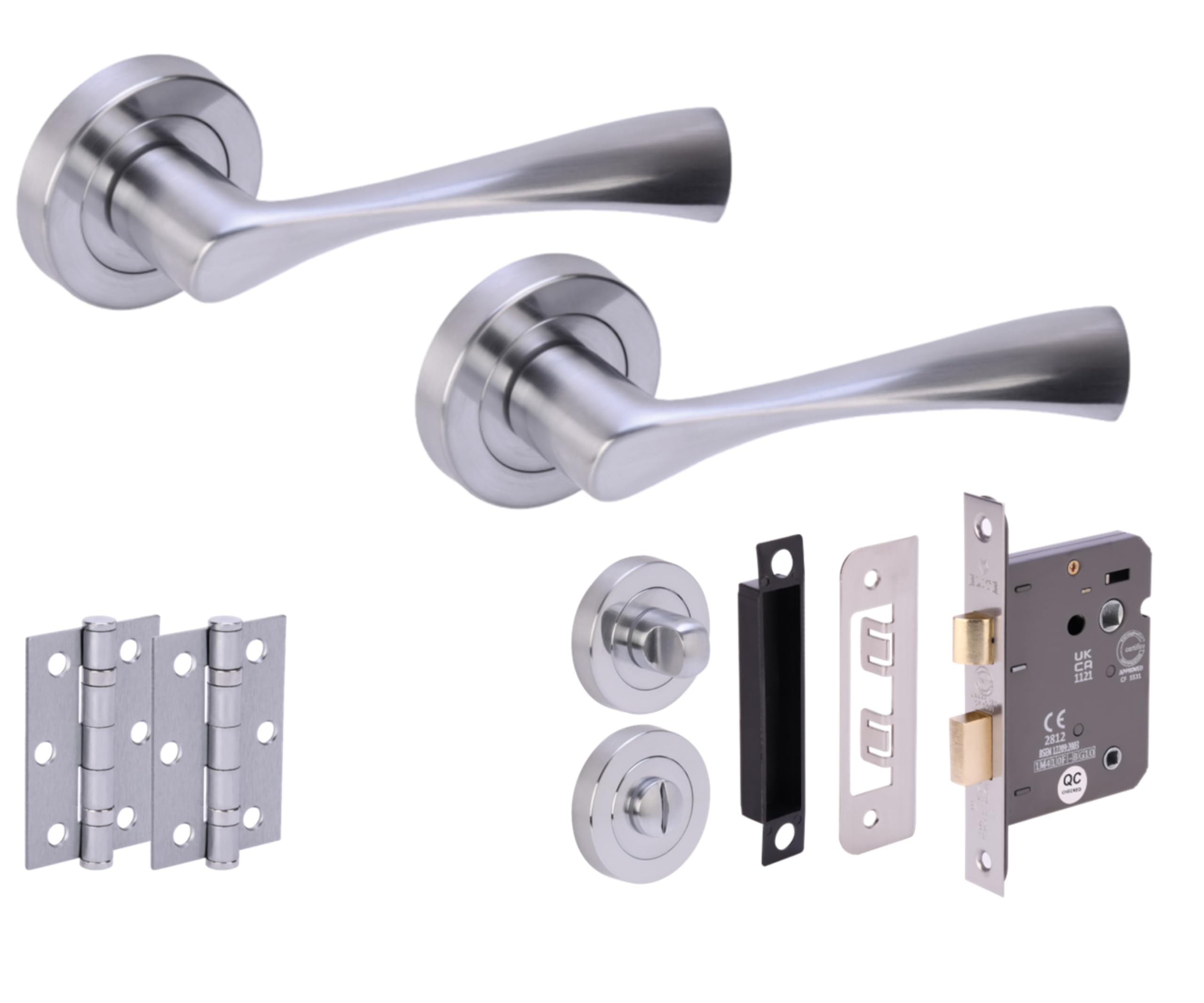 Hunta HANDLEZONE® Zena Door Handles on Rose Bathroom Lock Pack with Ball Bearing Hinges - Satin Chrome