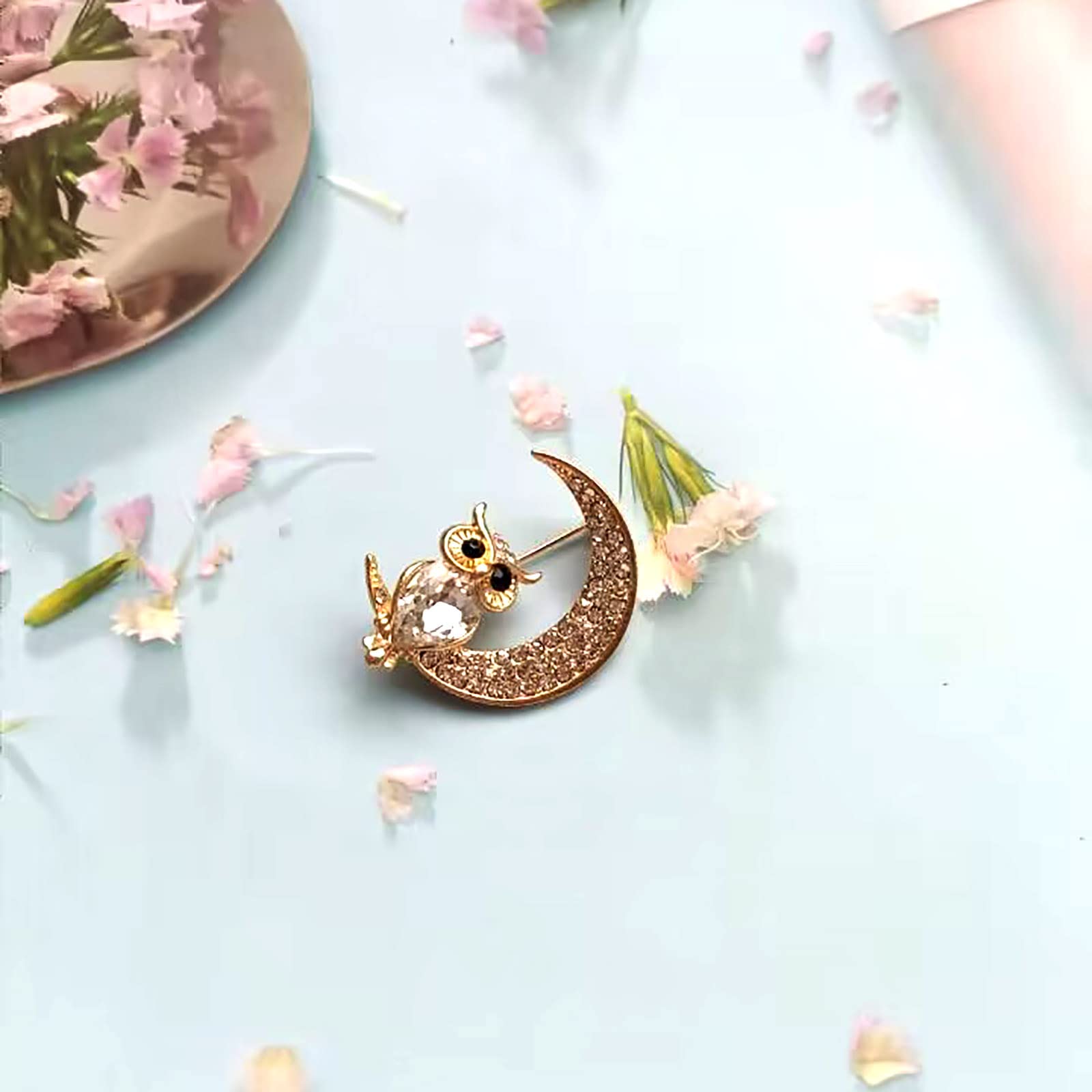 Spilla Gufo E Luna Con Strass FASELE, Elegante Accessorio Regalo Donna In Alluminio E Cristallo - 2