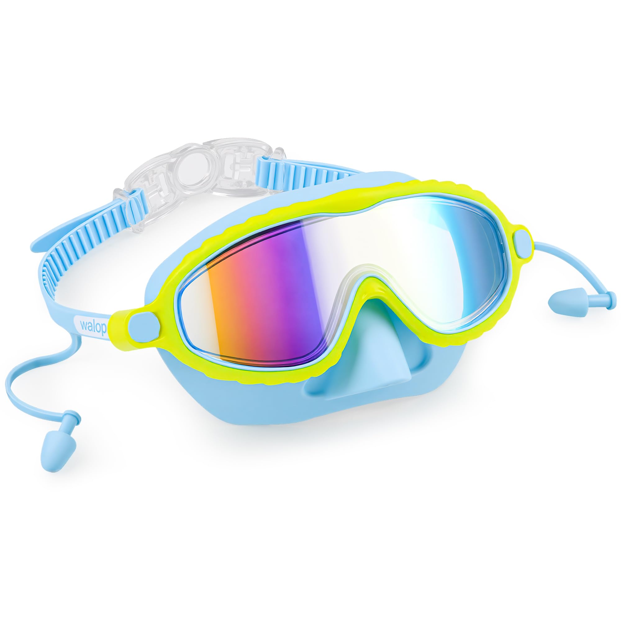 walopt Schwimmbrille Kinder mit 180°weitwinkel-Sichtfeld, Einfaches An- und Ausziehen, Beschlagschutz und UV-Schutz Schwimmbrille, Doppelt Wasserdichtes Schnorchelset mit Ohrstöpsel