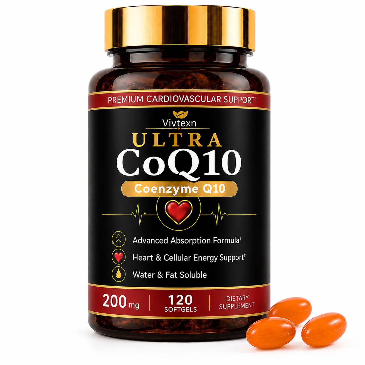 CoQ10 Supplement 200mg, Coenzyme Q10 Ubiquinone, Advanced Absorption Formula, Heart & Cellular Energy Support, Daily Dietary Supplement for Adults, 120 Softgels