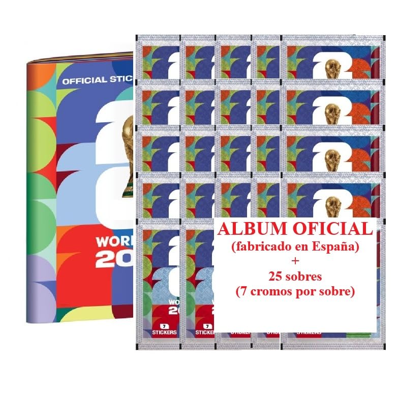 ALBUM + 25 SOBRES MUNDIAL USA 26 (cromos, pegatinas) de fútbol 2026 fabricado en España. ES TAPA BLANDA