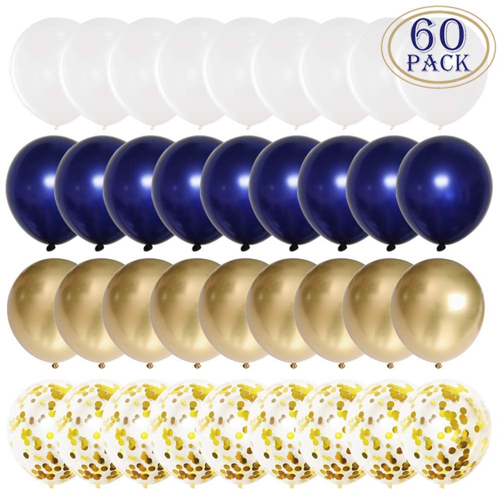 JOJO FLY 60 Pcs 12 Inch Navy Blue and Gold Confetti Balloons, White Metallic Chrome Latex Balloons for Birthday Party Decoration Baby Shower Wedding Graduation Balloon Garland Arch Kit