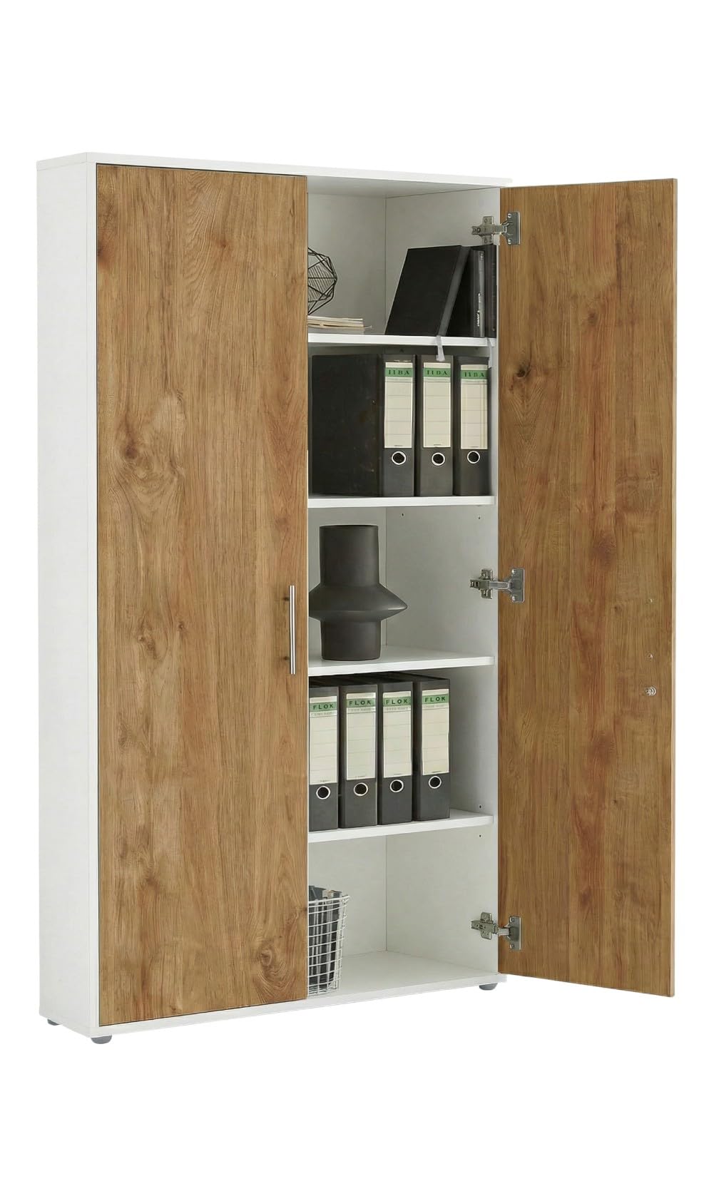 Aktenschrank TABOR 4 – Büroschrank abschließbar, Mehrzweckschrank für Büro, Ordnerschrank mit viel Stauraum, Korpus weiß Front Gold Harbor Oak