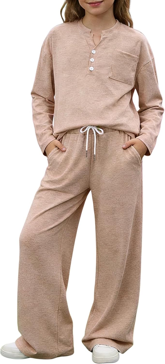 Size 7-14 Years Girls Clothes 2 Piece Spring Outfits Henley Tops&Wide Leg Pants With Pockets Fall Sets