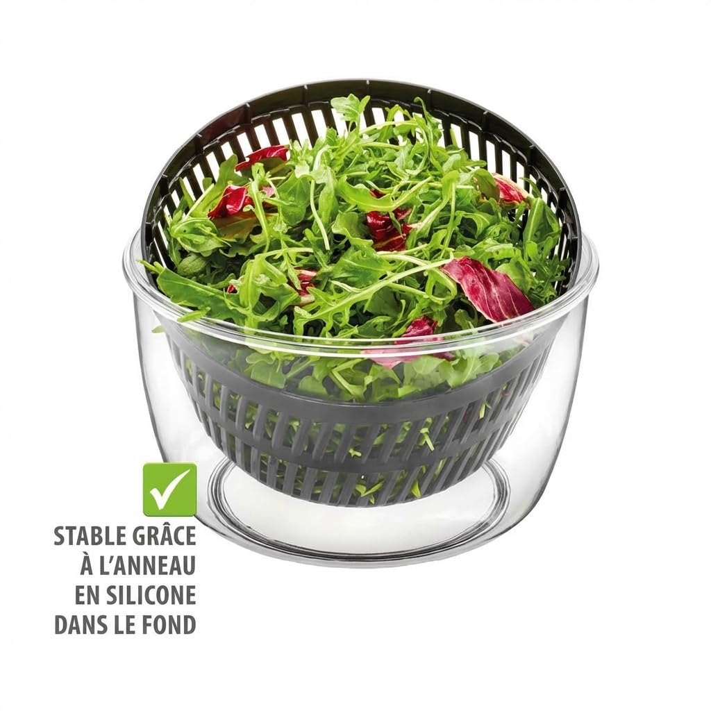 GEFU Essoreuse à Salade Rotative 5L - Sèche-Laitue avec Mécanisme Push | Bol de service transparent avec bouton stop, anneau antidérapant et passoire amovible, compatible lave-vaisselle