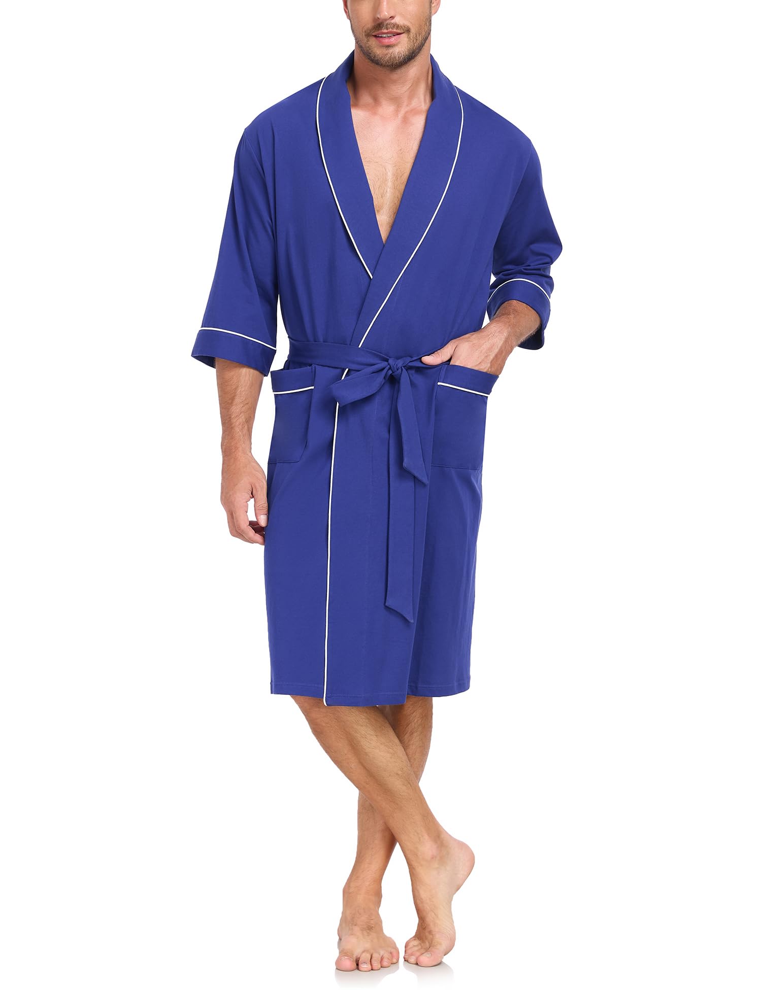 EA'S SECRET 100% Cotton Men's Lightweight Robe Summer Short Sleeve Bathrobe Soft Knee Length Robe with Pockets