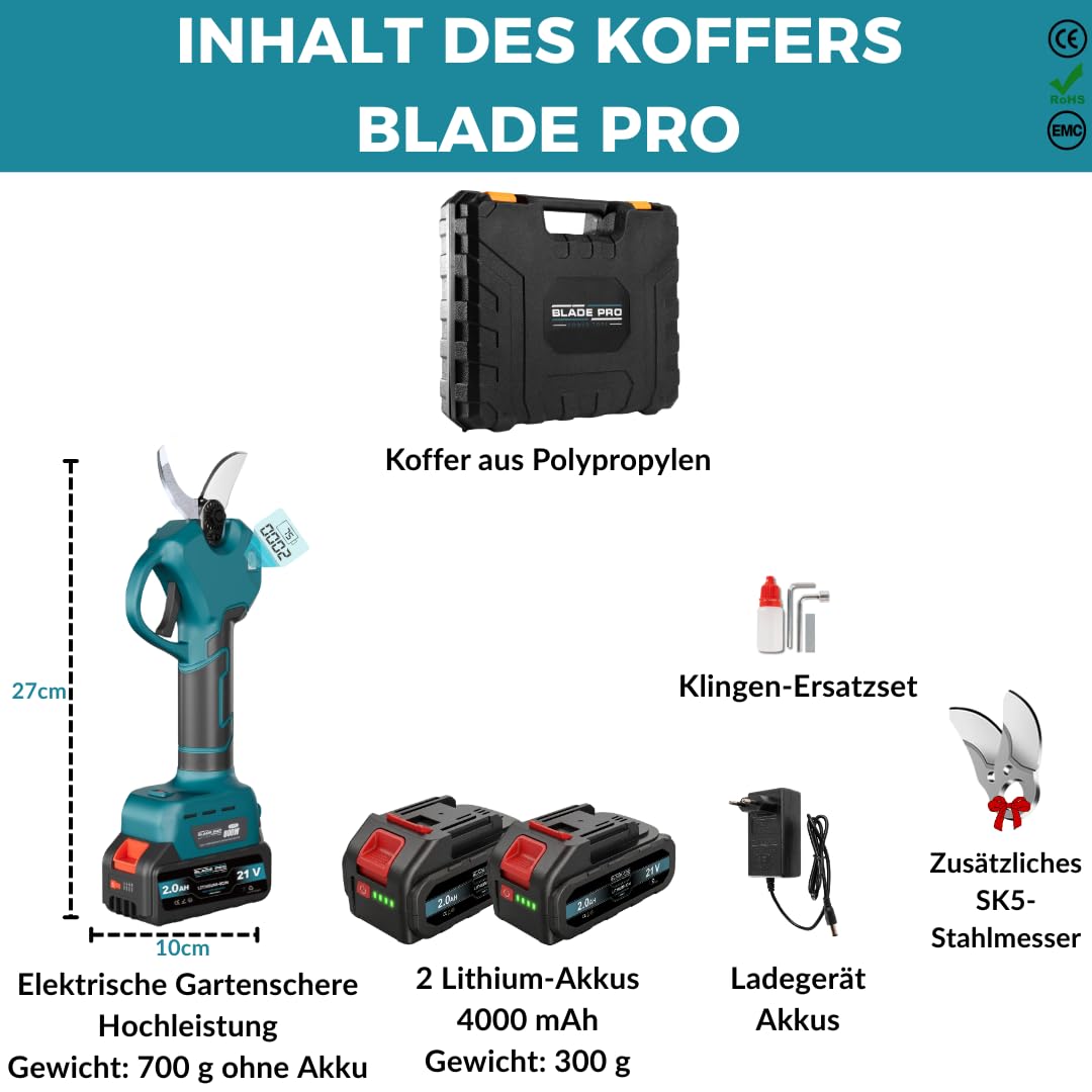 Bladepro Akku-Astschere 40 mm, elektrische Gartenschere kabellos – 800 W bürstenloser Motor, SK5-Stahlklinge – 2x 2,0 Ah Akkus, LED-Display, inkl. Koffer