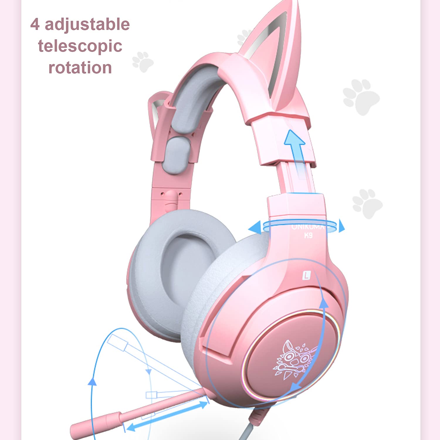 Casque De Jeu Rose Oreilles De Chat 3,5 mm Filaire | avec Microphone Lumière LED, Son Surround 7.1, Design Rétractable, Pour PC Téléphone Portable Smartphone Enfants Adultes
