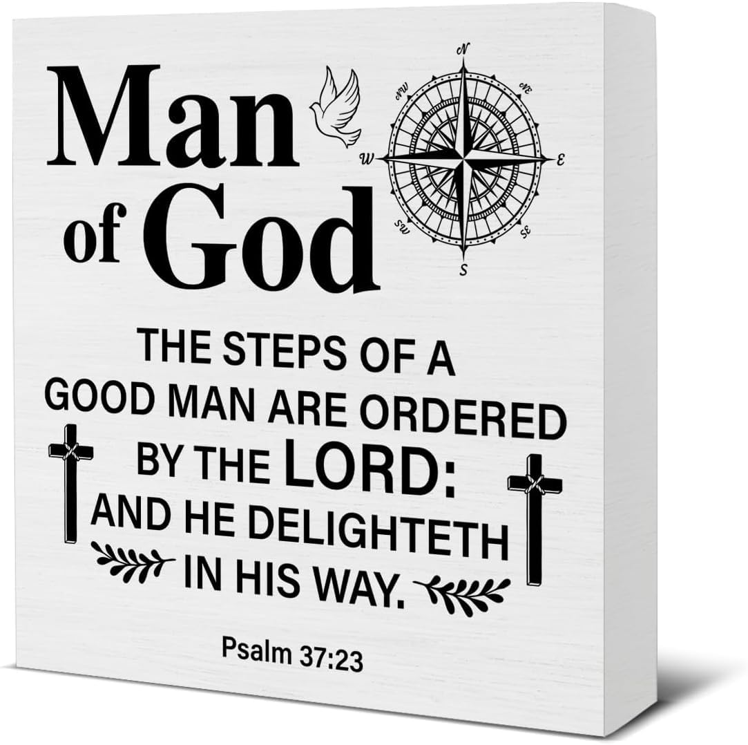 Man of God Wood Box Sign 7x7 Inch Christian Psalm 37: 23 Decor