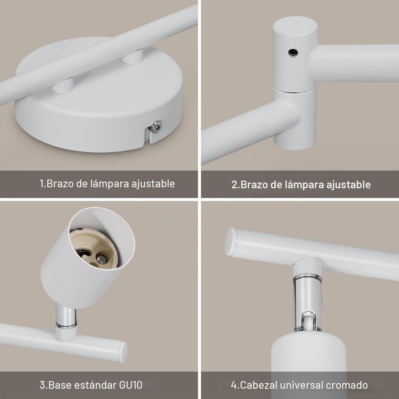 Lámparas de Techo LED 6 Focos Orientables, Luz de techo Blanco Giratoria GU10 para Dormitorio Habitacion Salon Cocina Barra sin Bombilla