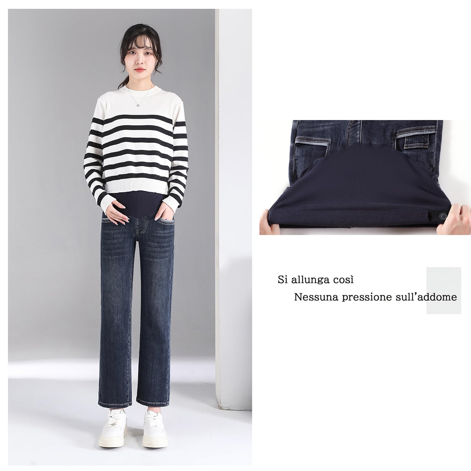 Jean de maternité à jambe droite avec ceinture réglable - Pantalon 3/4 stylisé et pratique, idéal pour les femmes de petite taille (taille courte)