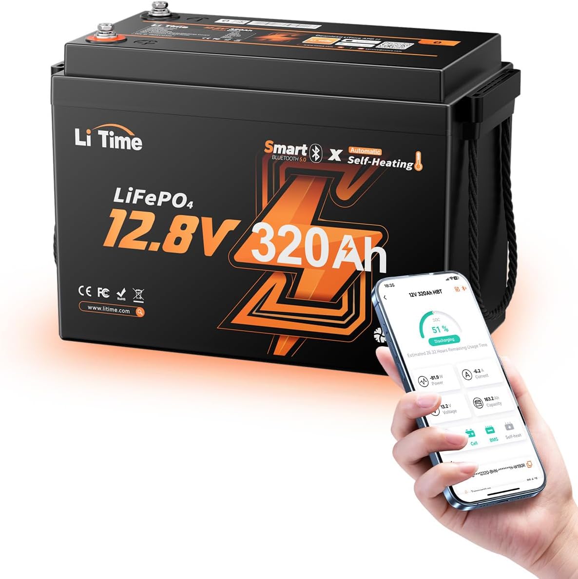 Litime 12V 320Ah Mini Self-Heating Lithium LiFePO4 Battery, Max 15000 Deep Cycles Battery, Bluetooth & 2 Heating Mode.