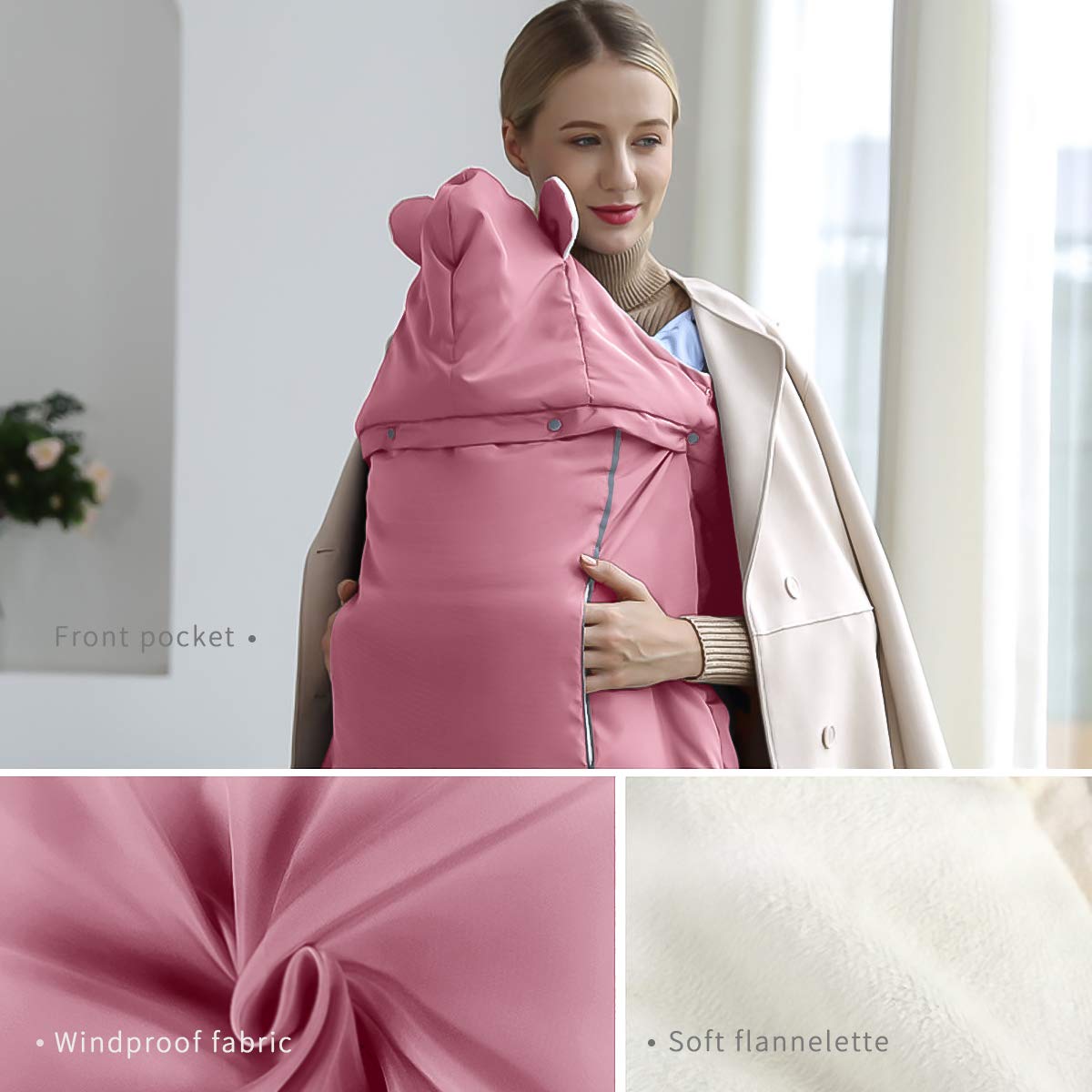 SONARIN Universale All Seasons Copertura per Marsupio,Copertina,mantello per l'inverno caldo,Sacco imbottito,antivento,Impermeabile,Cappello Staccabile(Rosa)