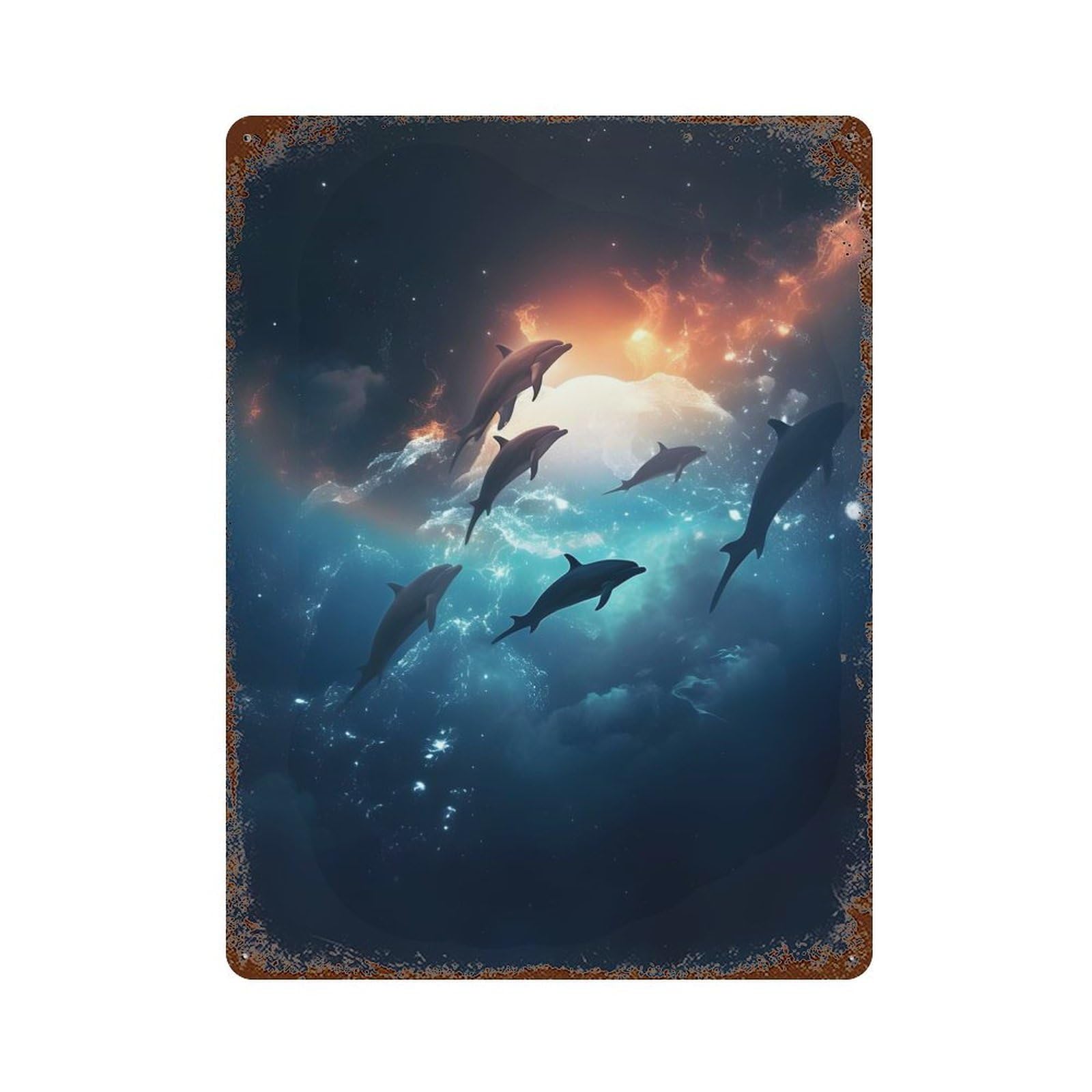 Garage Style Space Dolphins Weathered Tin Sign 15.7"x11.8", Farmhouse Wall Decor for Bar And Workshop