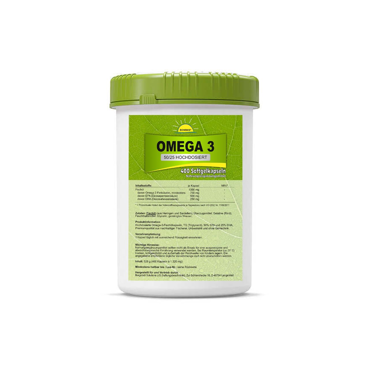 Omega 3, hochdosiert (50/25), 400 Kapseln à 1000 mg hochwertiges Fischöl in Bio-HDPE-Dose (aus Zuckerrohr) mit Originalitätsverschluss und Dichtnapf