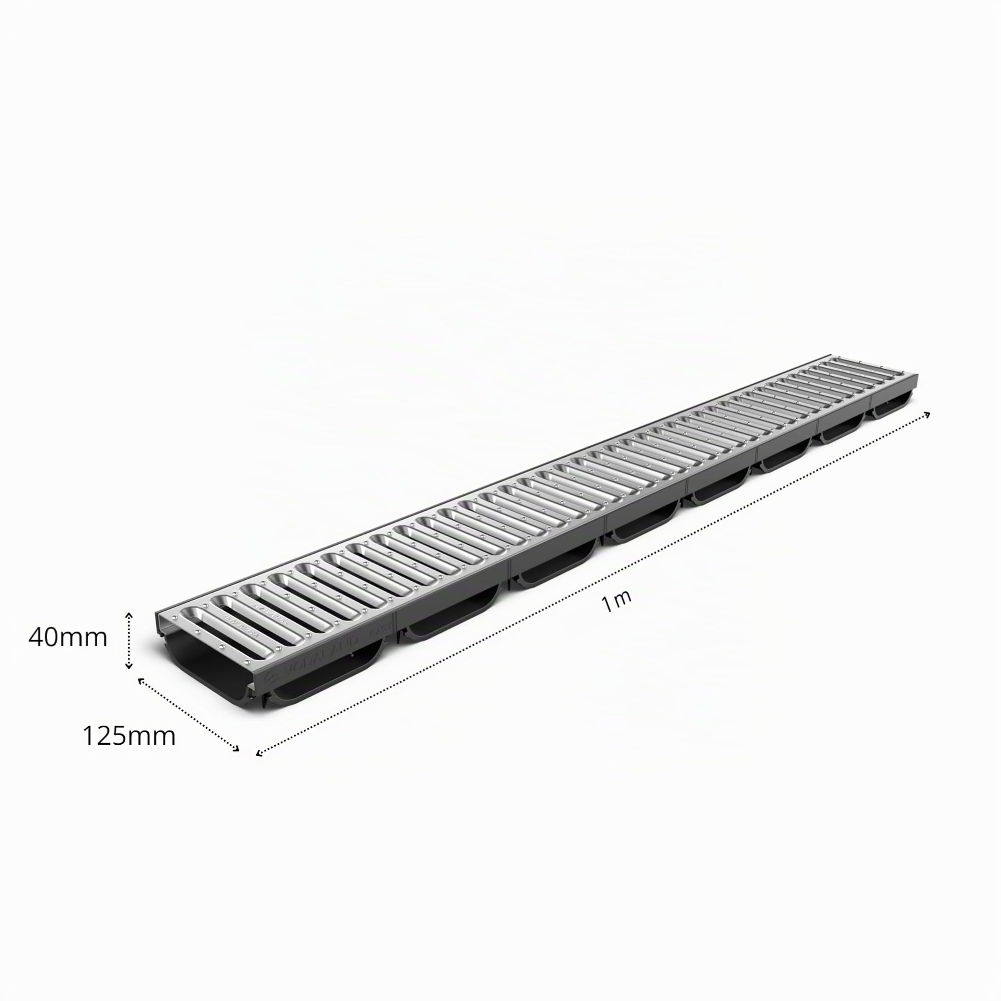 VODALAND EASY LOW – Canaleta de Drenaje con Rejilla de Acero Inoxidable | Perfil Bajo 40 mm | Clase A15 (hasta 1.500 kg) | Drenaje Discreto en Terrazas, Patios y Espacios Exteriores - Kit de 3 metros