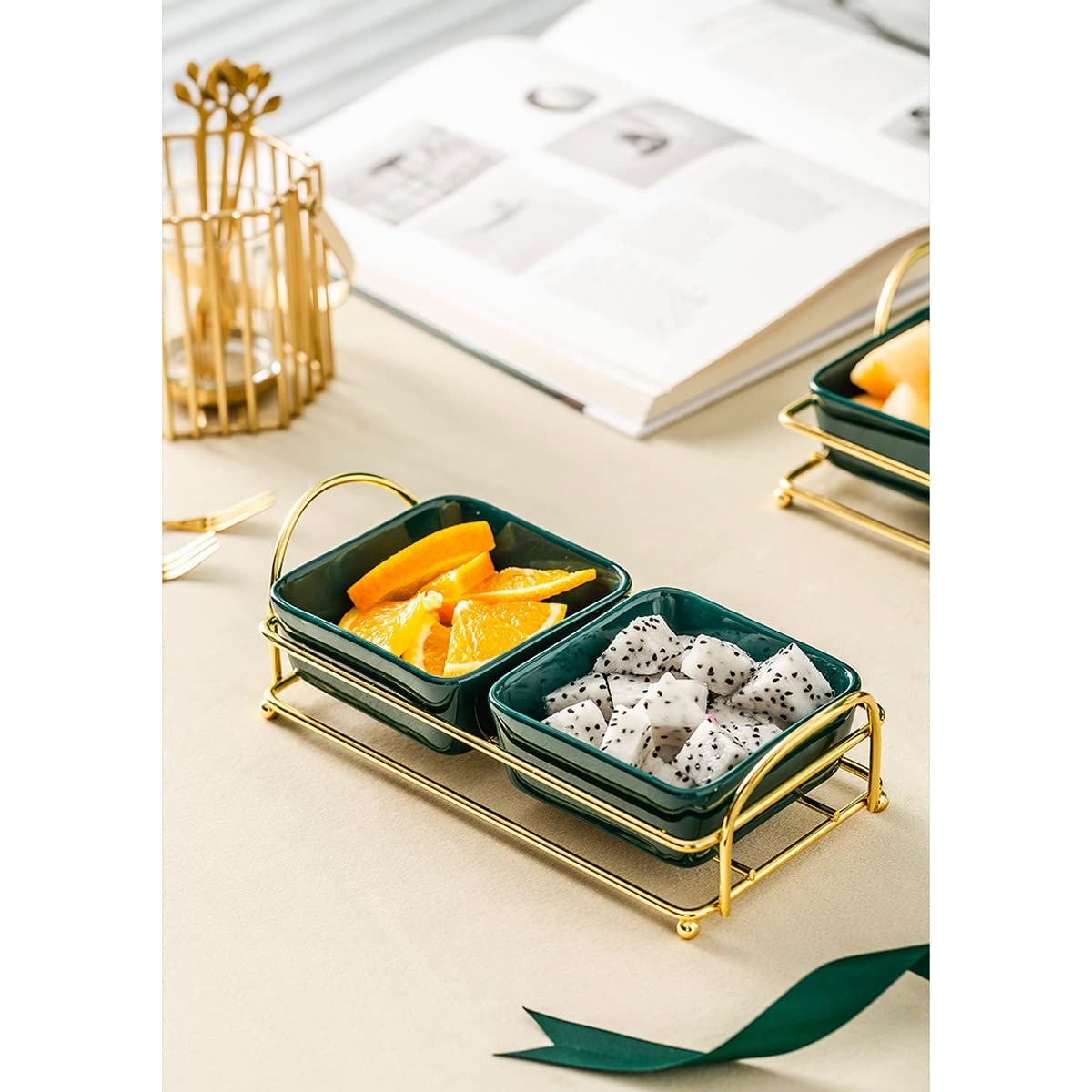 HEXEH Salatteller Haushalte Zwei Gitter Keramikplatte mit Regal Snack Obstteller modern Plastikteller (Color : C)