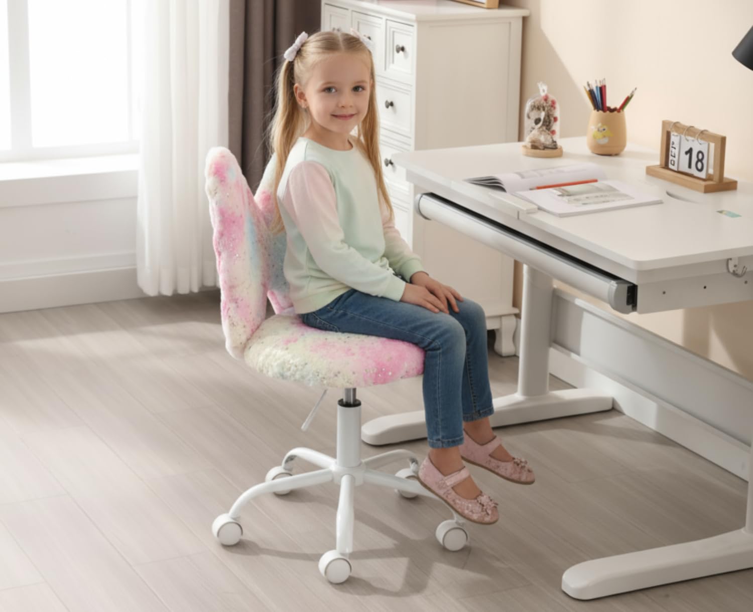 Ya-Home Silla Infantil de Escritorio Sillas Giratoria de Piel Sintética,Sillas Estudio con Respaldo Único Silla de Habitación Regulable para Niños/Juvenil,Rosa