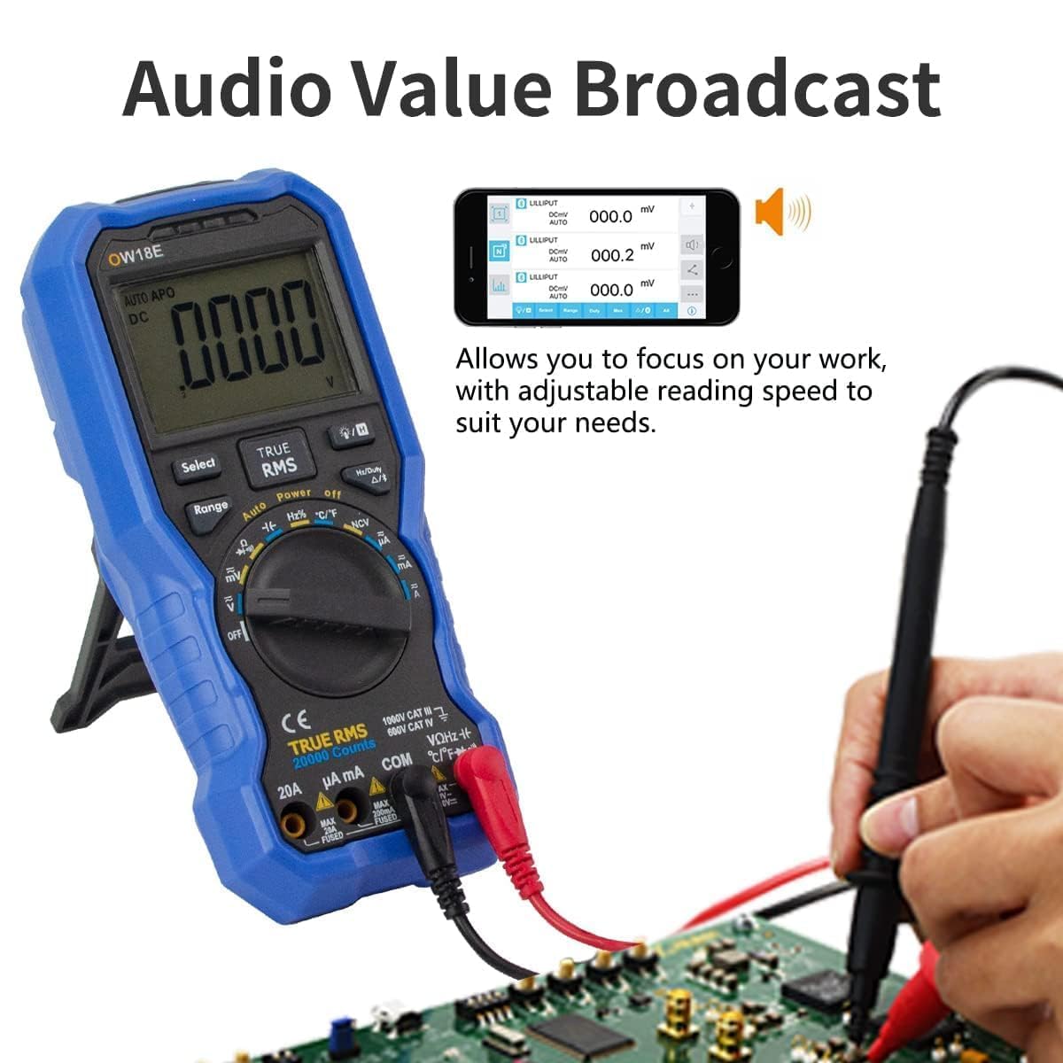 OW18E Digital multimeter,20000 Zählung True-RMS Voltmeter Ohmmeter, Hintergrundbeleuchtung LCD-Display, Bluetooth-Verbindung, für AC/DC Spannung Strom Widerstand Kapazität Diodentemperatur