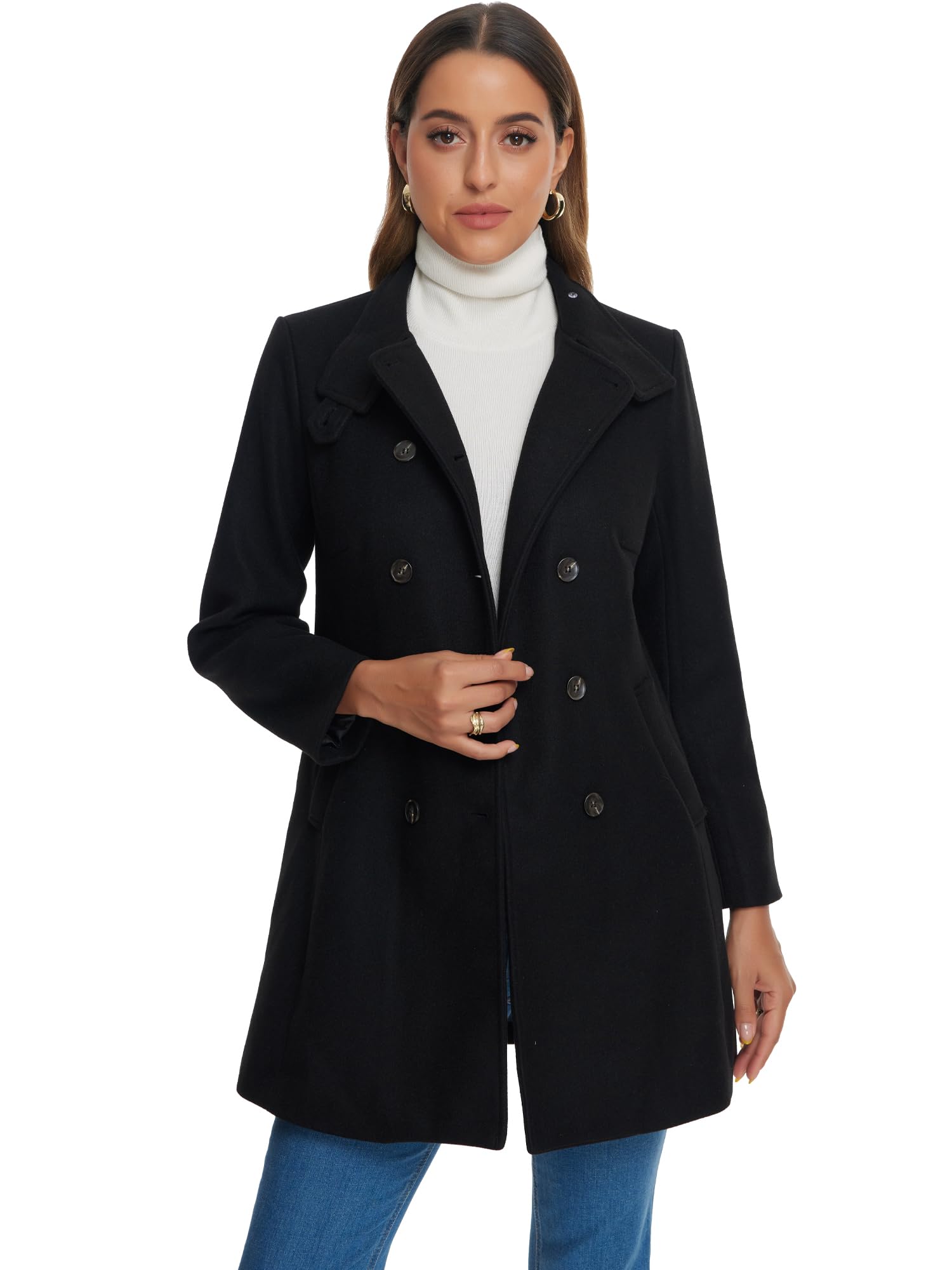 Allegra K Winter Trench Coats for Womens Casual Stand Collar Pea Double Breasted Overcoat