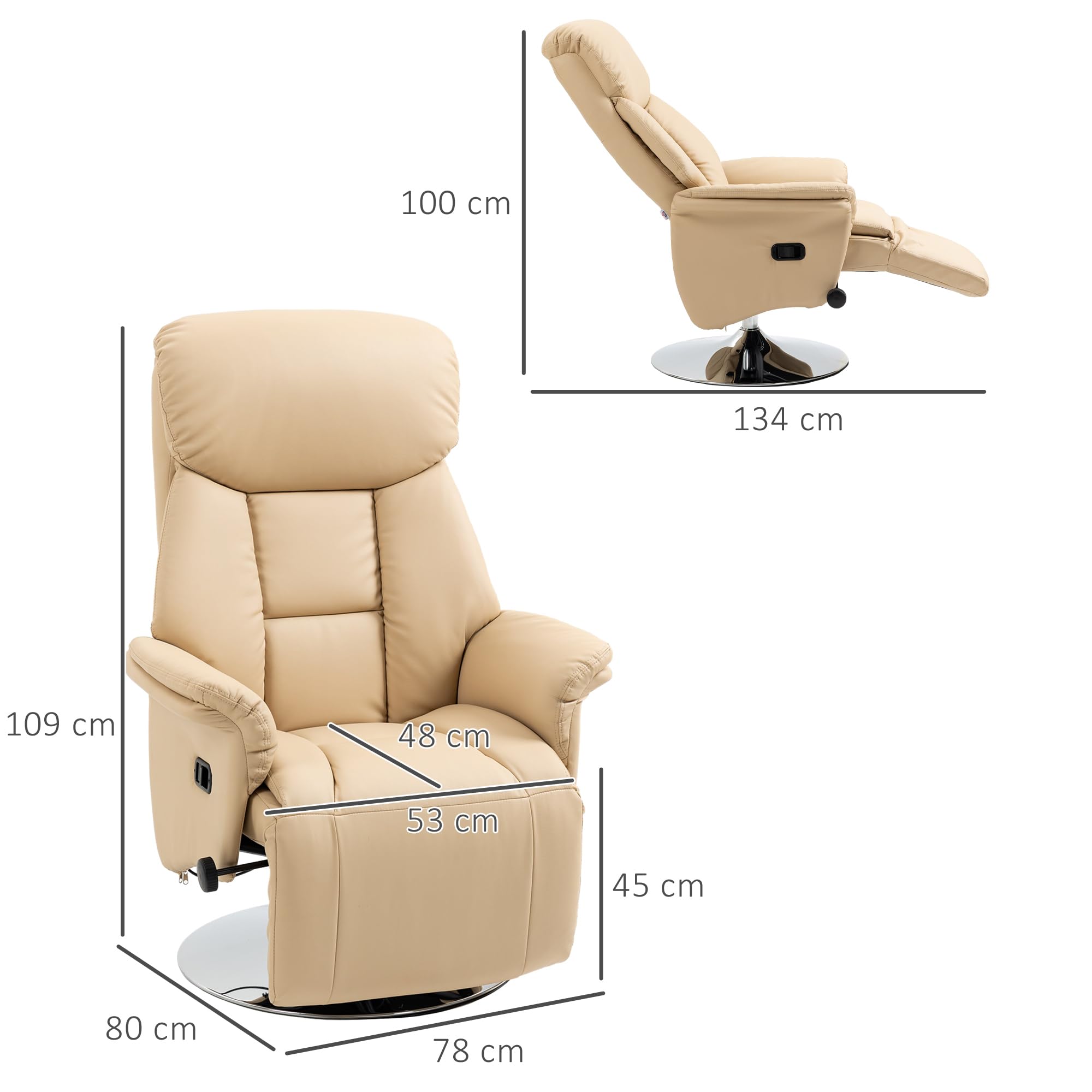 HOMCOM Fauteuil de Relaxation Fauteuil Relax de Salon inclinable pivotant Repose-Pied réglable accoudoirs, Chaise TV en Cuir synthétique, jusqu'à 150 kg, pour Salon, Chambre, Home cinéma, Beige