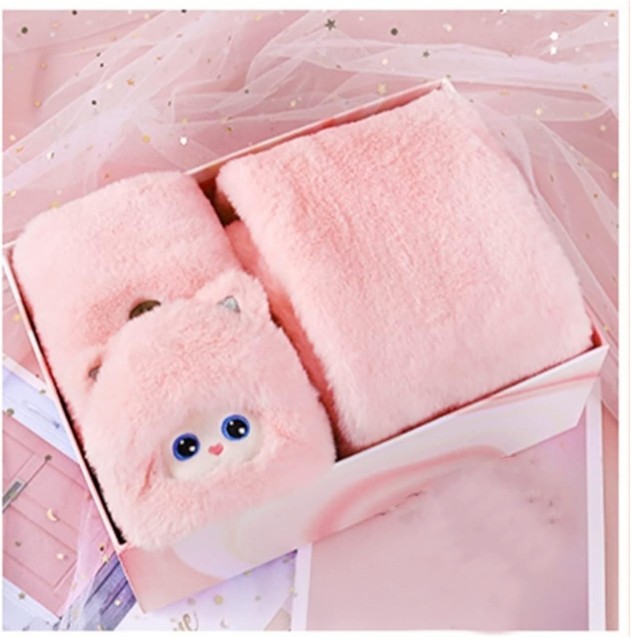 4 Pcs Women Scarf Gift Box Cute Set Winter Thick Warm Gloves,Girls&Girlfriends Birthday Gifts Scarf,Ear Caps, (Color : 2 -Pieces Rabbit Cat White, Size : One Size)