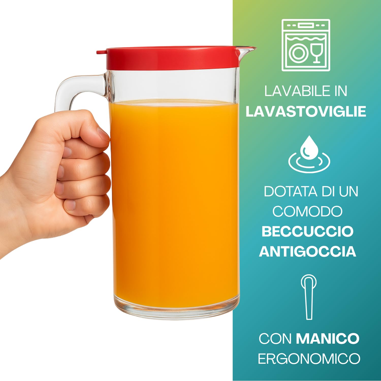 PALUPLUS 12 Caraffe da Tavola in Vetro con Coperchi Rossi da 1 Litro, Misura 10x20 cm, Brocca trasparente con Manico e Beccucio Antigoccia, per acqua, bevande, Lavabile in lavastoviglie -5012F -10,2