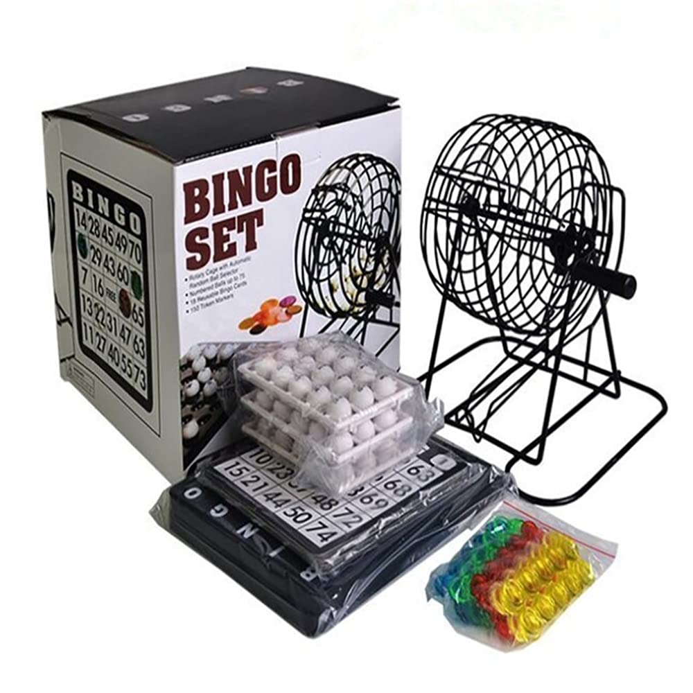 KAV Bingo Game Set with 8 Inch Metal Round Cage, Plastic Masterboard, 75 pcs Balls, Cards and Bingo Chips for Classic, Traditional, Family Party Game Play - Black