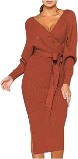 CreoQIJI Women's Knitted Dress Long Sleeve V-Neck Plain with Strappy Jumper Dress High Waist Long Side Slit Slim Fit Sweater Dress Elegant Autumn Winter Slim Comfortable Jumper Dresses Party Dress