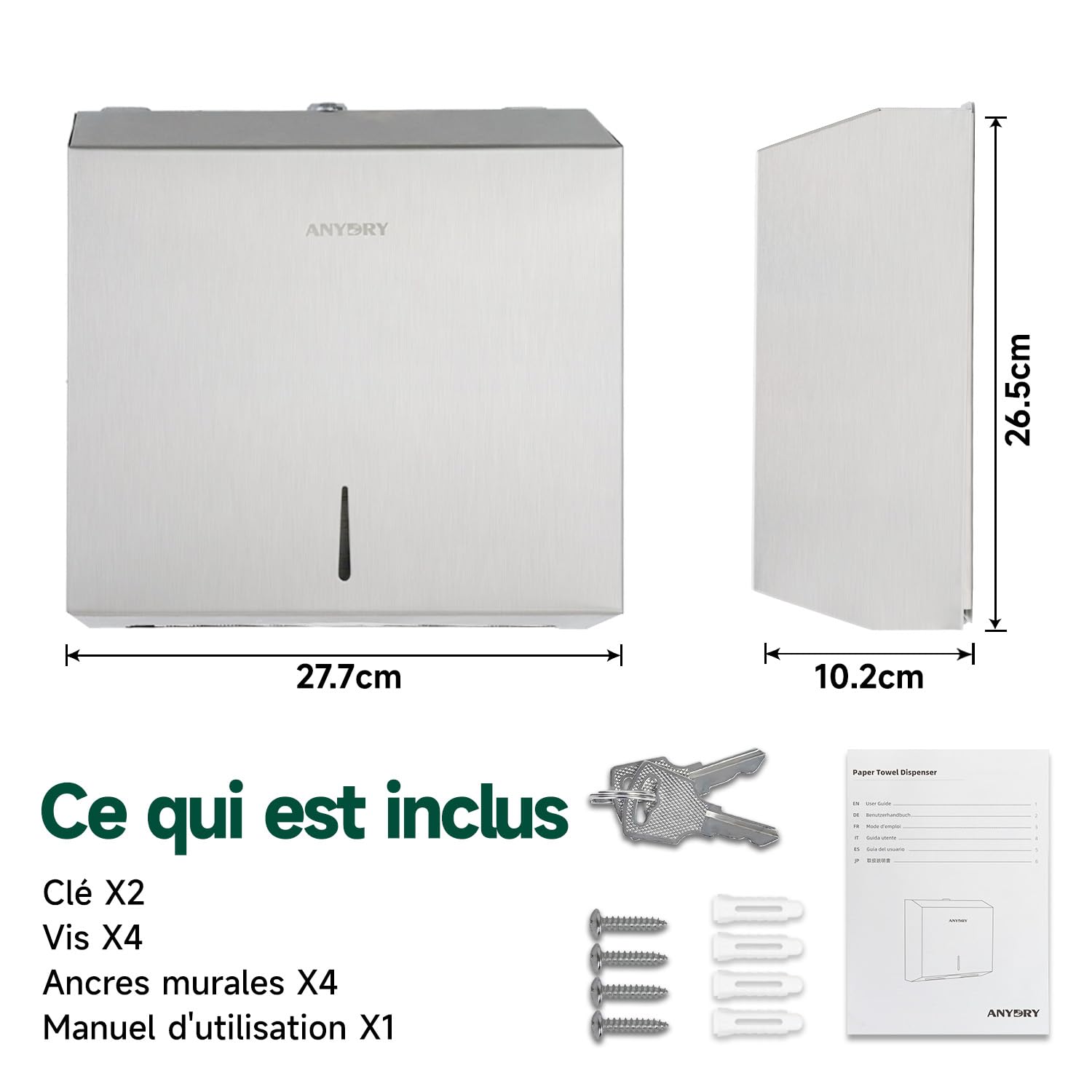 anydry Distributeur de Serviettes en Papier Mural – Capacité 250 Feuilles, INOX brossé, verrouillable, adapté aux Serviettes multifold/Z-Fold (Taille pliée ≤ 27 cm x 10 cm) Brossé
