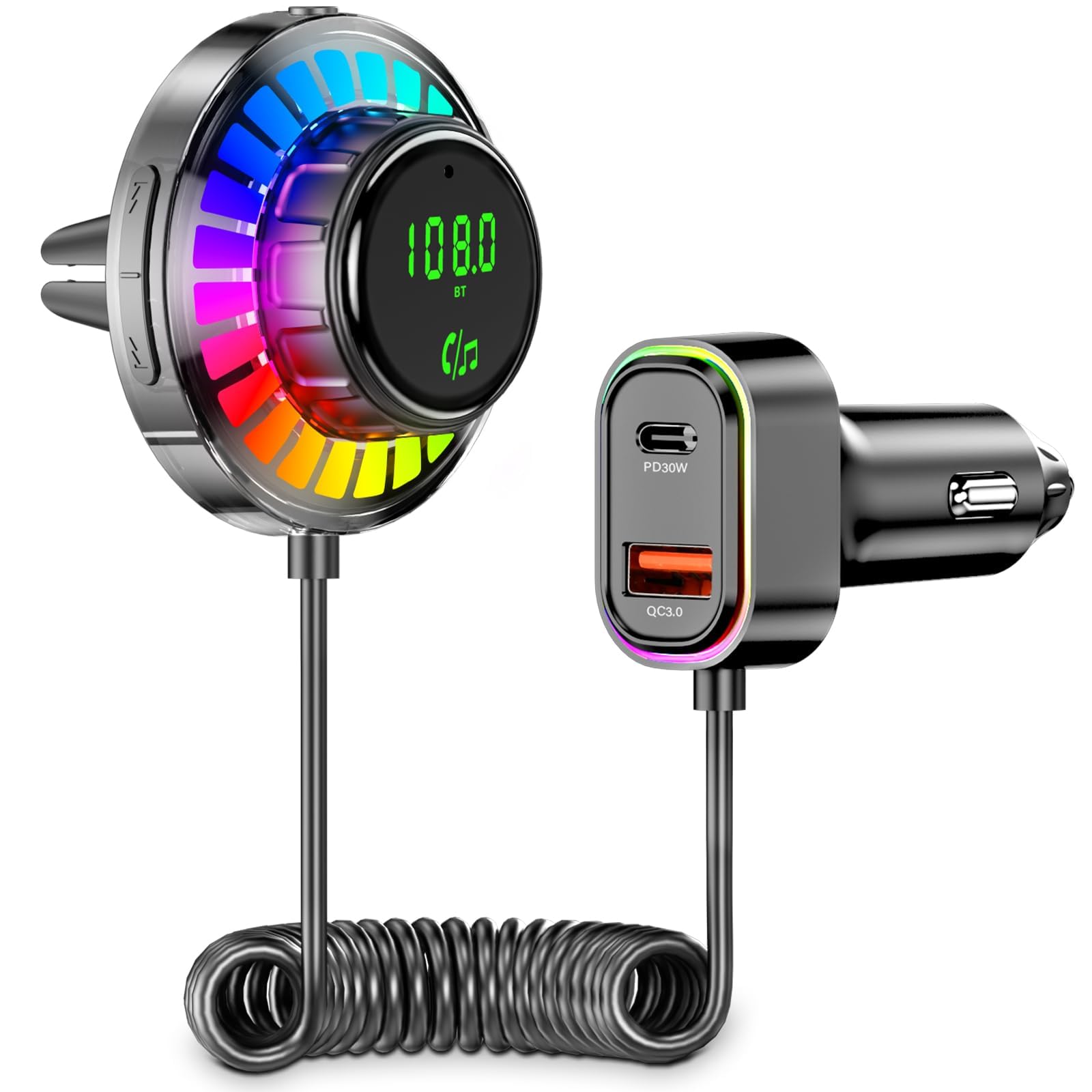 Adattatore Bluetooth Auto FM Transmitter con Luce RGB - Vivavoce Bluetooth 5.3, Caricabatterie PD30W USB-C & QC3.0, Adattatore Bluetooth per Auto per iPhone Android Autoradio OHFAMO