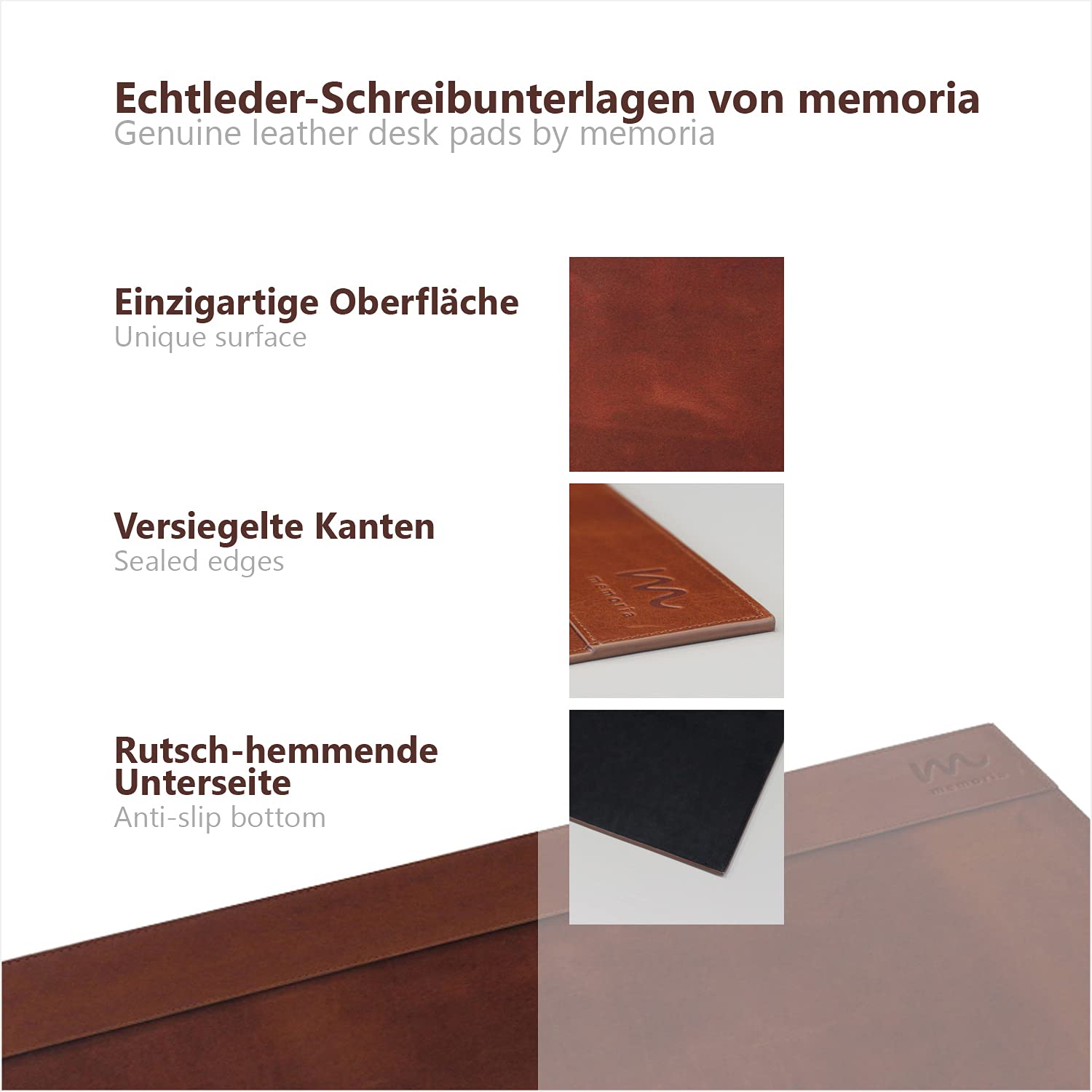 Memoria Schreibtisch-Unterlage MIRO | Echtes Leder | Desk Pad Schreibtischunterlage Schreibunterlage Braun