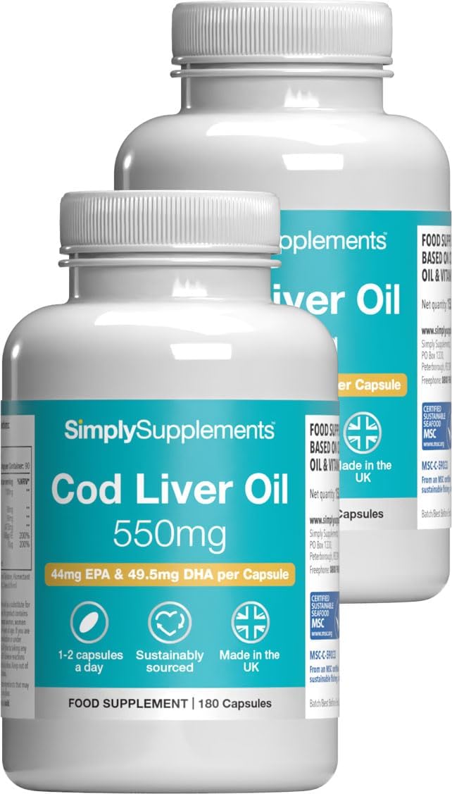 Pure Cod Liver Oil 550mg | Rich in Essential Fatty Acid with EPA, DHA & Omega 3 | with Added Vitamin A & D | 360 Soft-Gel Capsules = Up to 1 Year Supply | UK Made