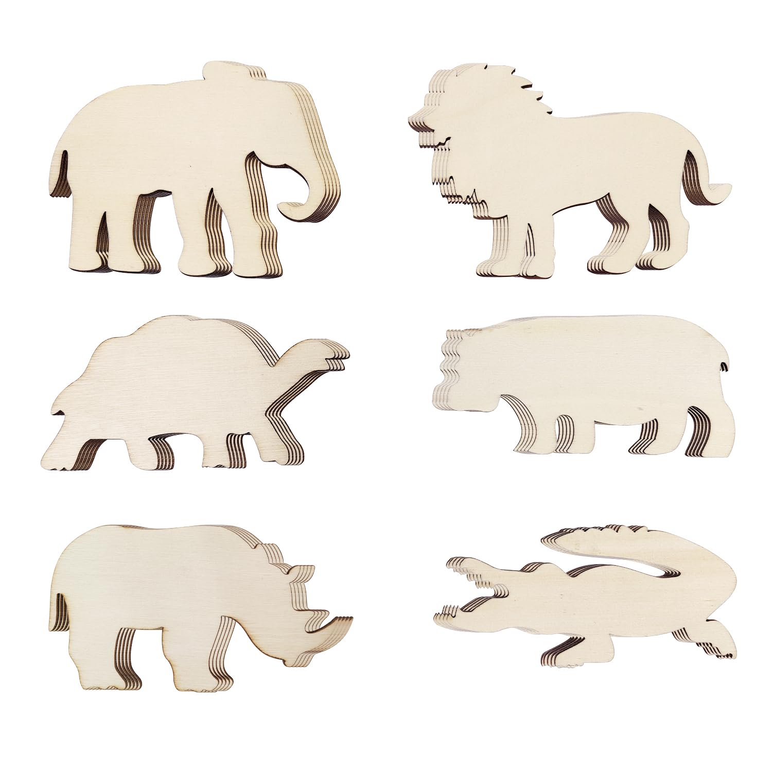 30 Pack Unfinished Wood Animal Cutouts - Jungle Crafts Wood Elephant, Rhino, Lion, Hippo, Crocodile, Turtle Cutouts to Paint Wooden Safari Animal Hanging Ornaments DIY Gift Tags