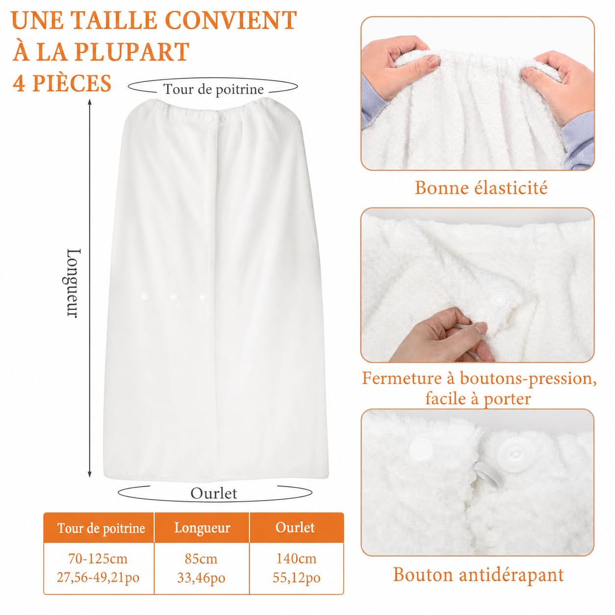 Set di 4 asciugamani da bagno da donna in microfibra, accappatoi con bottoni regolabili, avvolgenti per doccia, sauna, spiaggia, palestra, hotel (bianco)