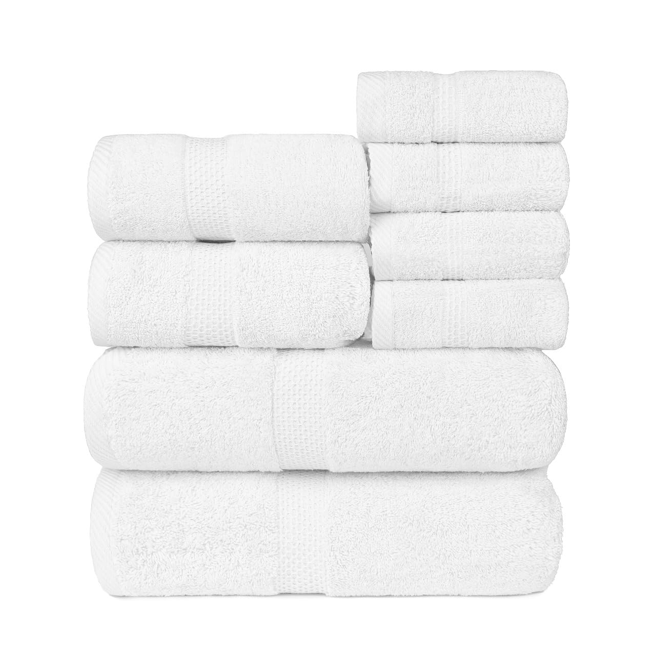 Cleanup Towels Set of 8. (2 bath towels,2 hand towels, 4 face towels) 600 GSM. 100% Ring spun Quality. Highly absorbent, Quick Dry. For, Bathroom, Shower, SPA and Hotels.