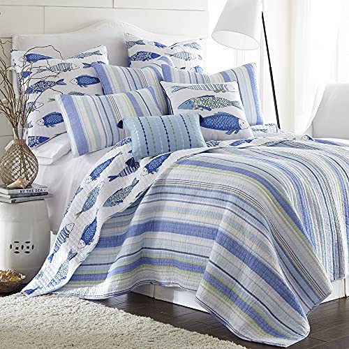 Levtex Home - Catalina Quilt Set - Full/Queen Quilt (88x92in.) + Two Standard Pillow Shams (26x20in.)- Striped Coastal Pattern in Blues and Greens - Reversible - Cotton Fabric by Levtex Home - Used condition - US$100.49