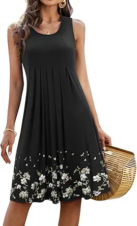 KILIG Women 2023 Summer Casual Loose Floral Print Pleated Sleeveless Midi Vest Sun Dresses for Beach Wedding Party
