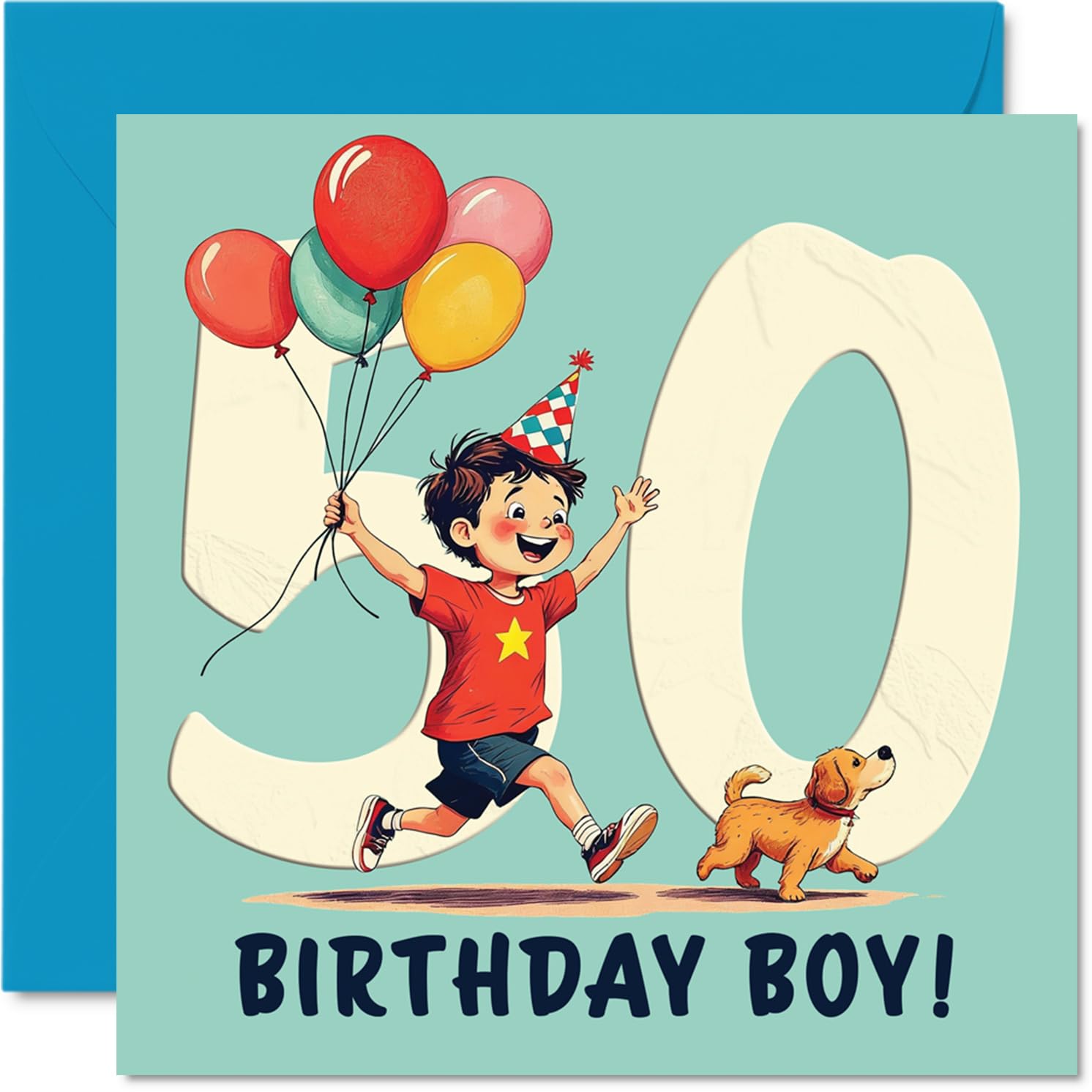 50th Birthday Cards for Men - Balloon Boy - Happy Birthday Card for 50 Year Old Man Husband Neighbour Nephew Cousin, 145mm Bday Greeting Cards