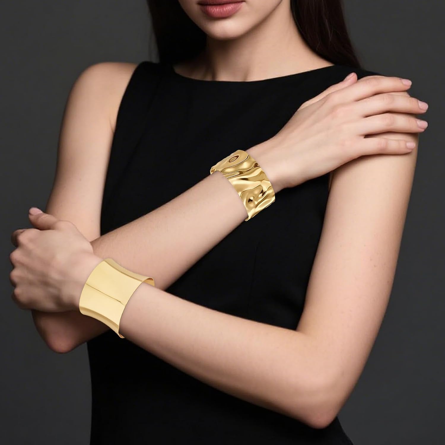 3PCS Gold Chunky Cuff Bracelets for Women Irregular Minimalist Gold Statement Open Wide Bangle Bracelets Set Arm Cuff Upper Arm Punk Jewelry