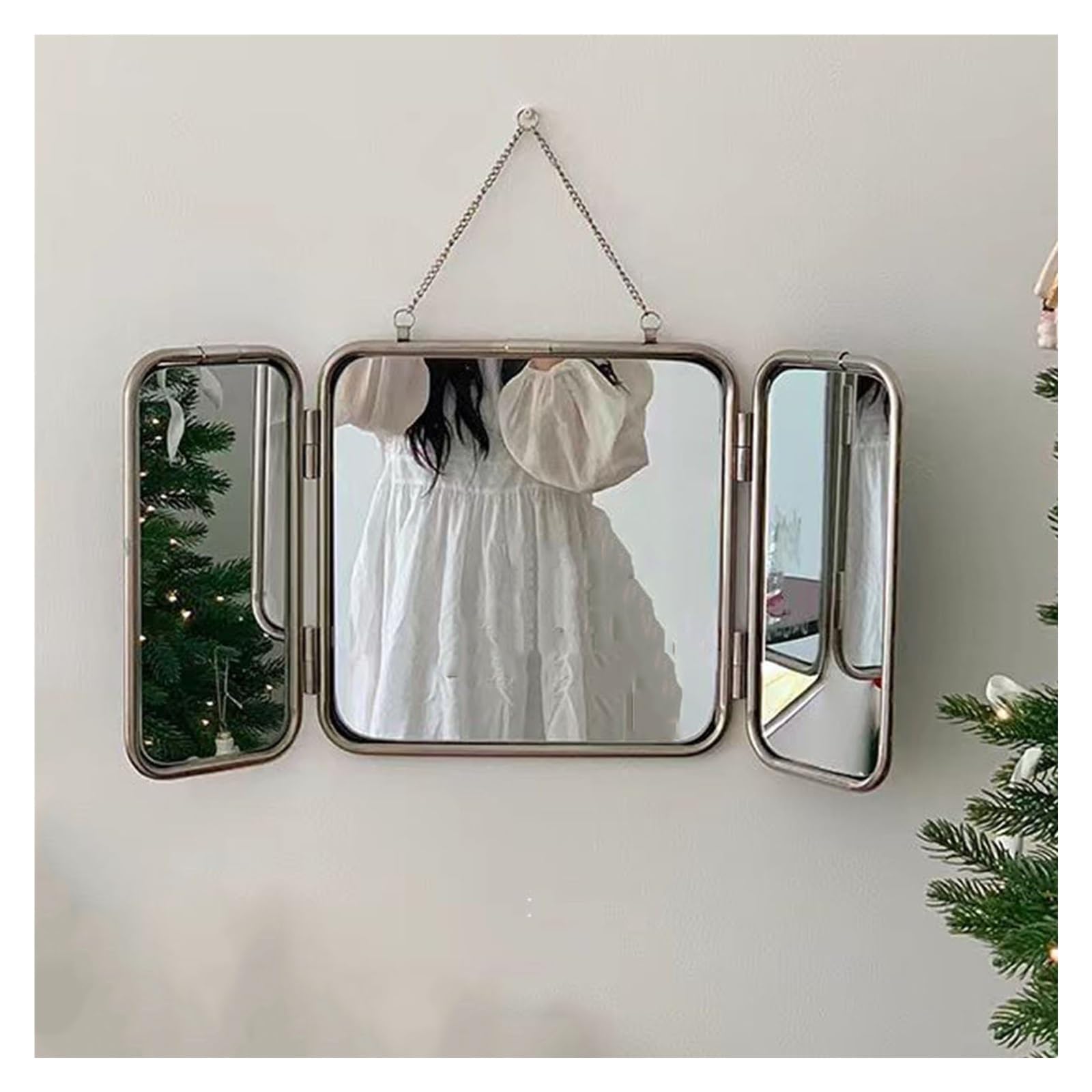 Miroir en Verre À Trois Volets, Miroir De Coiffeuse, Miroir De Maquillage Pliable pour Maison, Miroir De Rasage Mural avec Chaîne, pour Salle De Bain, Salon, Couloir