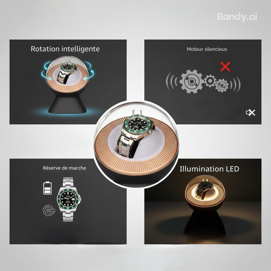Remontoir de Montre Silencieux pour Rolex avec éclairage LED d'ambiance – Cadeau pour Homme, boîte de Rangement Automatique avec Un Coussin de Montre