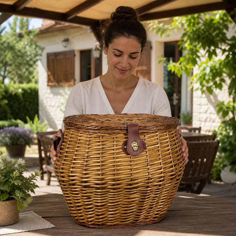 Cesto Vimini Grande con Tracolla e Coperchio 45x37 h35 cm MAX — Raccolta Funghi, Castagne e Frutti di Bosco — Cesto Zaino da Spalla