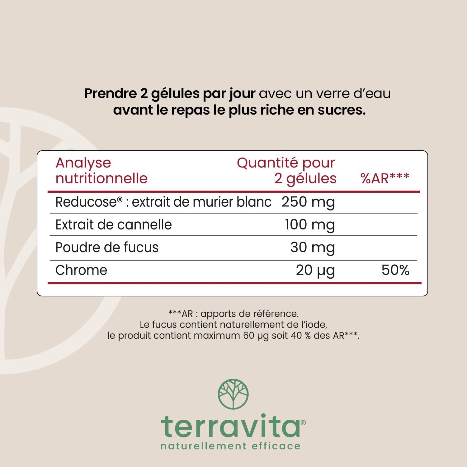 Complexe GLYCÉMIE | Reducose® + Cannelle + Chrome | Maintien d’une Glycémie Normale | 60 Gélules | Made in France | Terravita